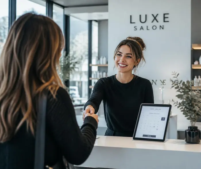 Medewerker verwelkomt een klant bij de balie met de online agenda van easy-booking op een tablet